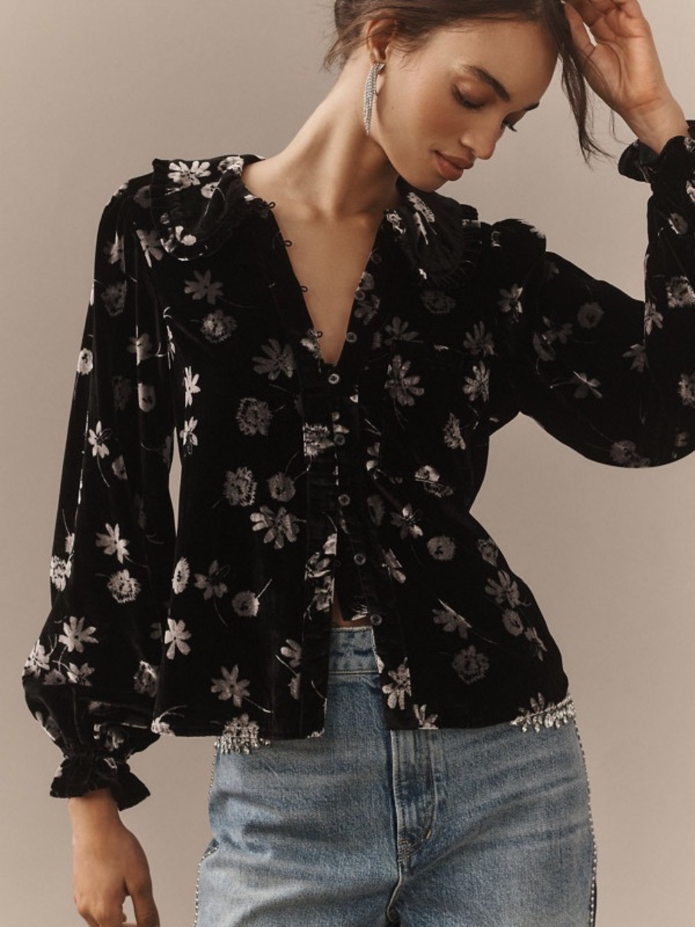 Anthropologie Pilcro The Keira Velvet Collared Floral Blouse